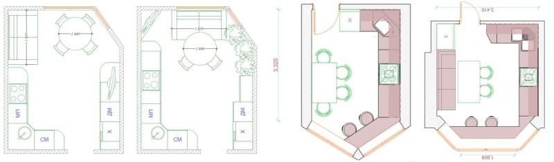 Kitchen layout with bay window in the house of the series P-44T