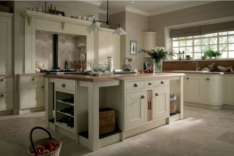 The floor of the tiles in the interior of a classic kitchen