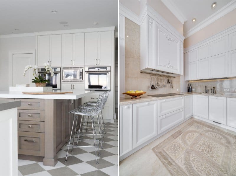 The floor of the tiles in the interior of the kitchen in a classic style