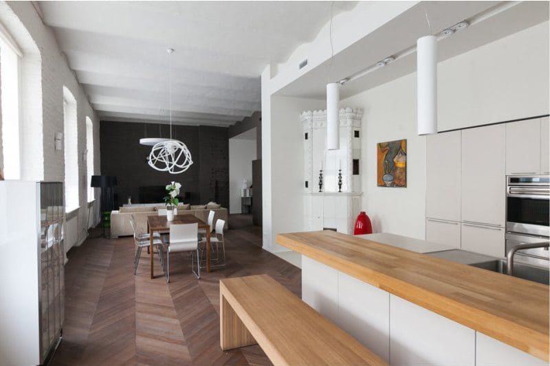 The floor in the interior of the kitchen in the style of minimalism - parquet herringbone