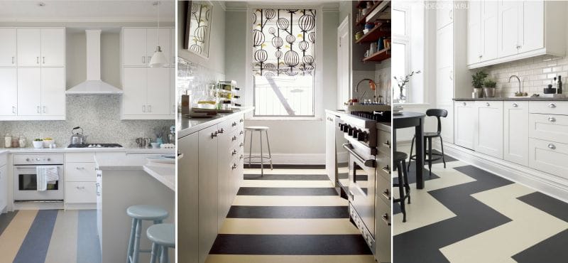 Striped linoleum in the interior of the kitchen