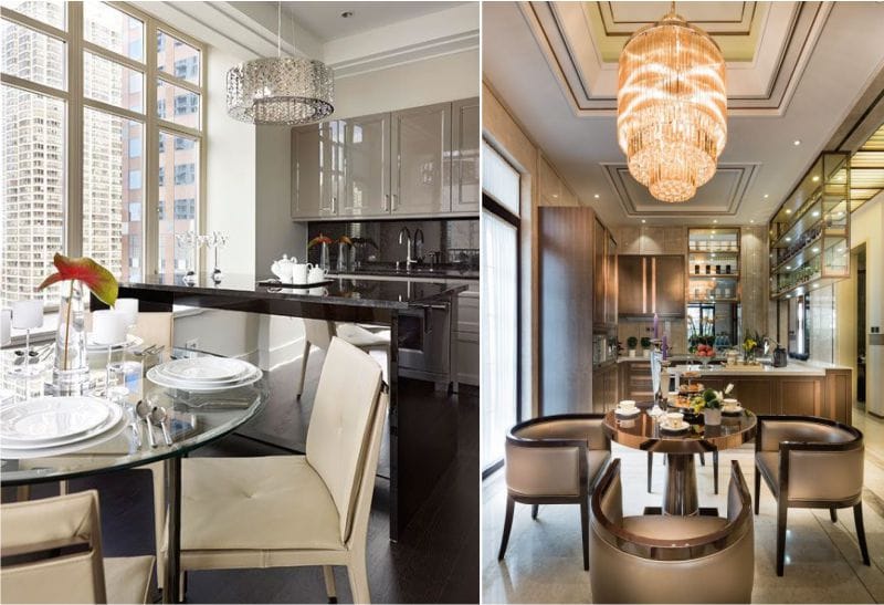 Art Deco Ceiling and Chandeliers in Kitchen Interior