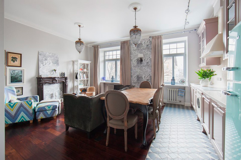 Different flooring in the kitchen-living room