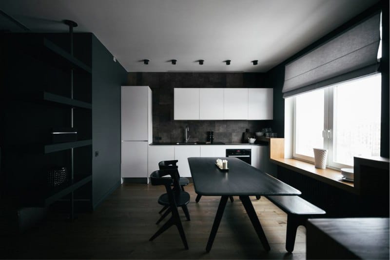 Roman curtains in the interior of the kitchen in the style of minimalism