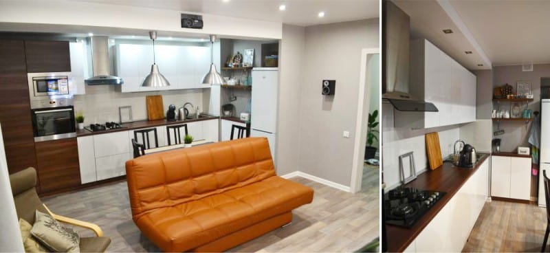 Gray linoleum in the interior of the kitchen