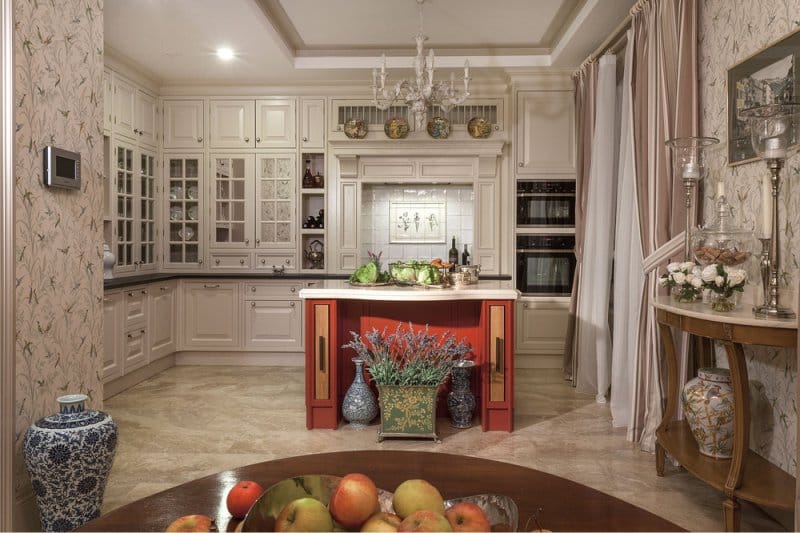 Fabric wallpaper in the interior of a classic kitchen