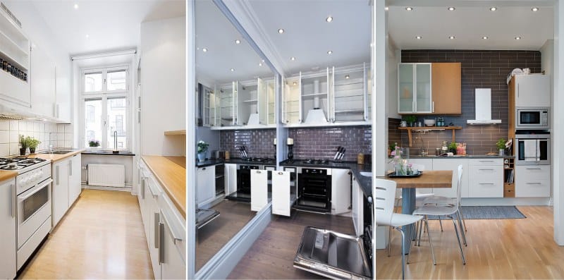 Spotlights in the interior of a small and narrow kitchen