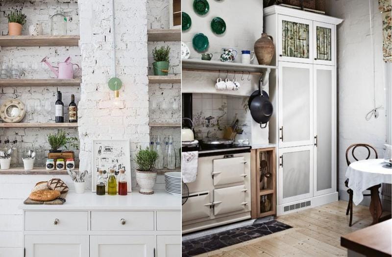 White brick walls in a rustic-style kitchen interior