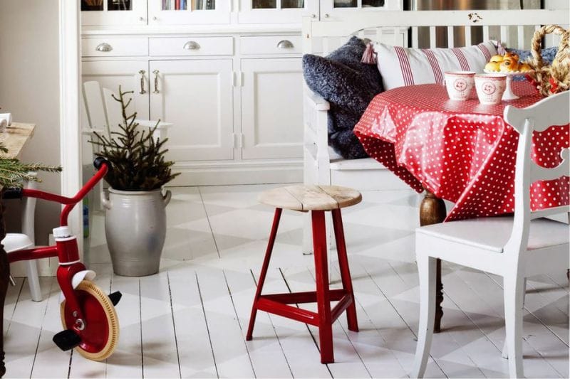 White wooden floor in the kitchen in country style