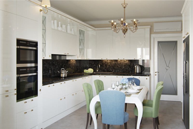 Black natural stone worktop in classic kitchen interior