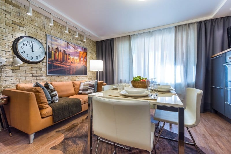 Leather sofa in the interior of the kitchen