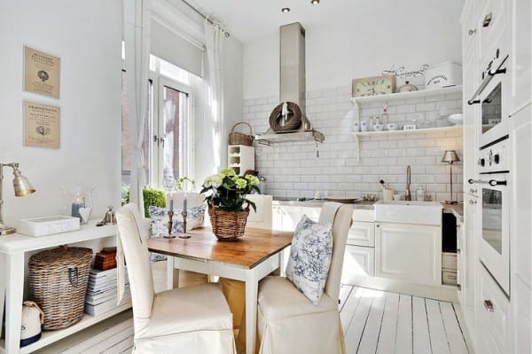 Square table in the interior of the kitchen