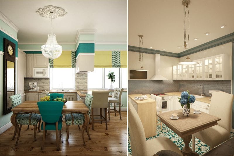 Chandeliers in the interior of a classic kitchen