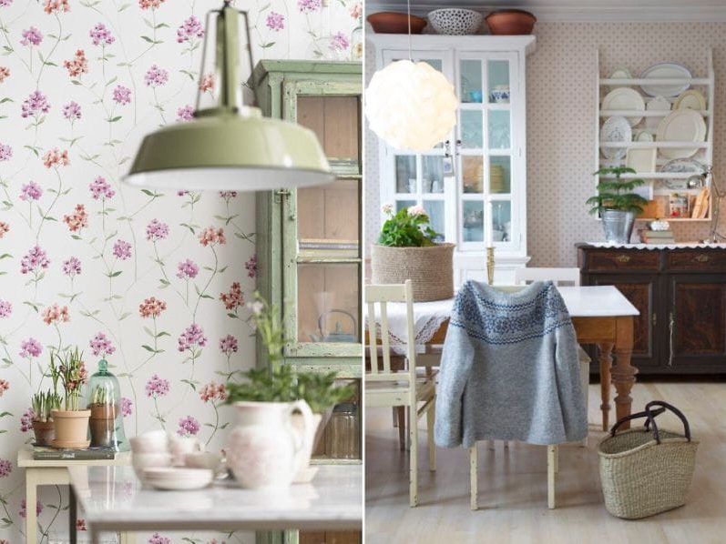 Wallpaper in the interior of the kitchen in a rustic style