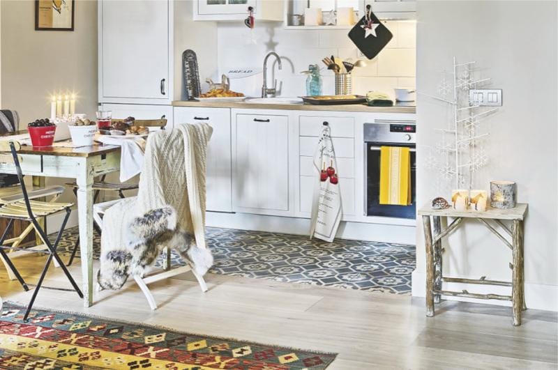 Parquet and tile in the interior of the kitchen in the style of Scandinavian country