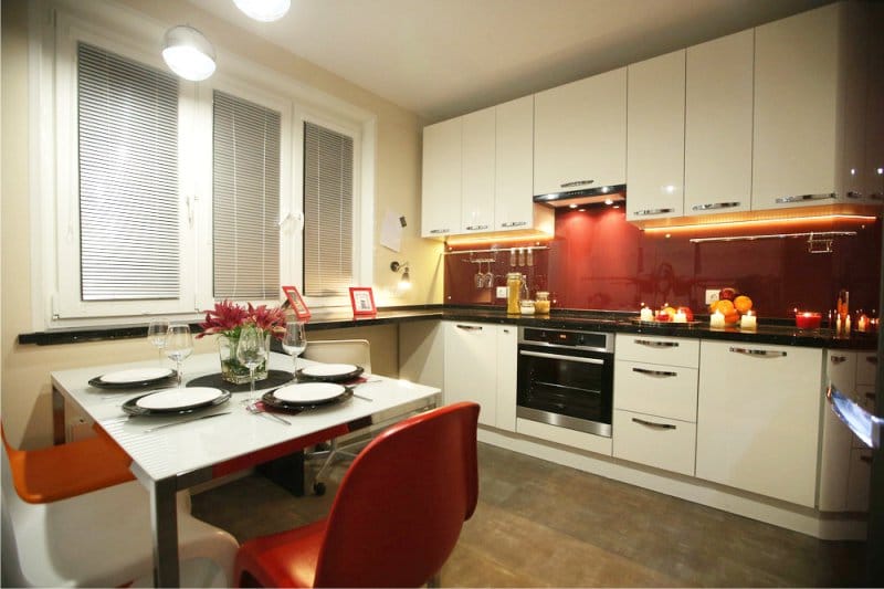 Rectangular glass table in the kitchen interior