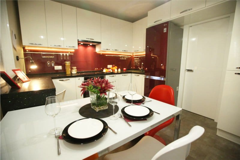 Rectangular glass table in the kitchen interior