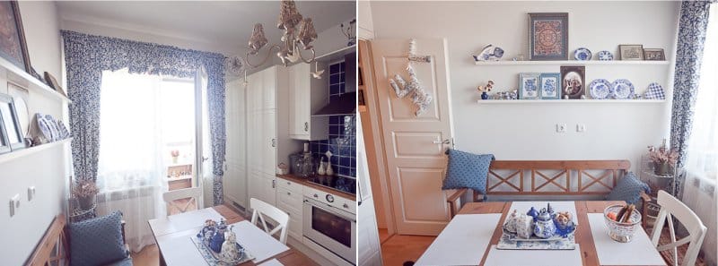 Folding wooden table in the interior of a small kitchen