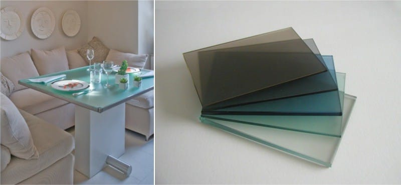 Frosted glass table and tinted glass samples