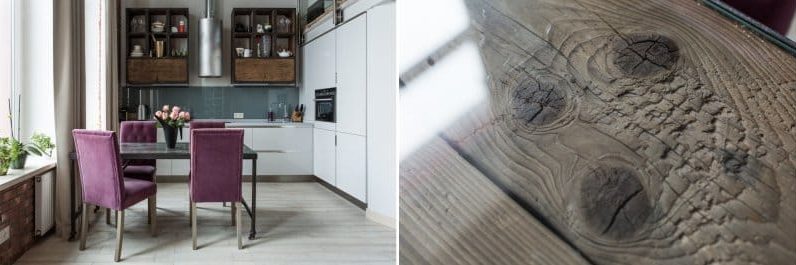 Glass and wood table in the kitchen