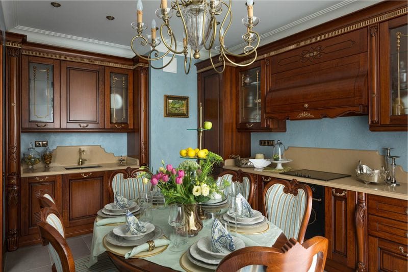 Velvet decorative plaster in the interior of a classic kitchen