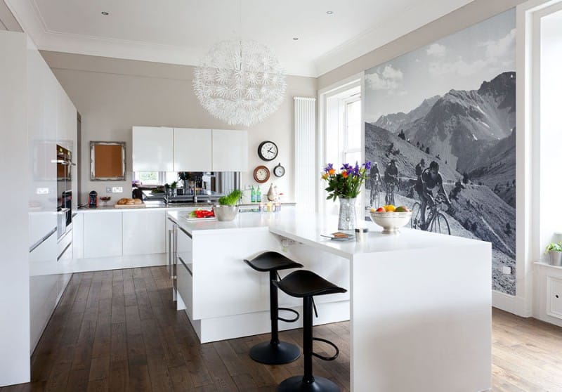 Black and white wallpapers of natural themes in the interior of the kitchen