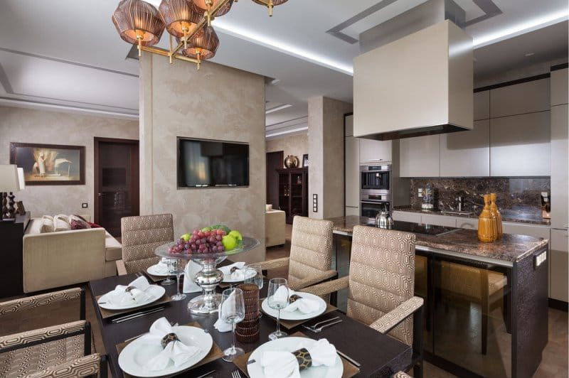 Decorative plaster under the velvet in the interior of the kitchen