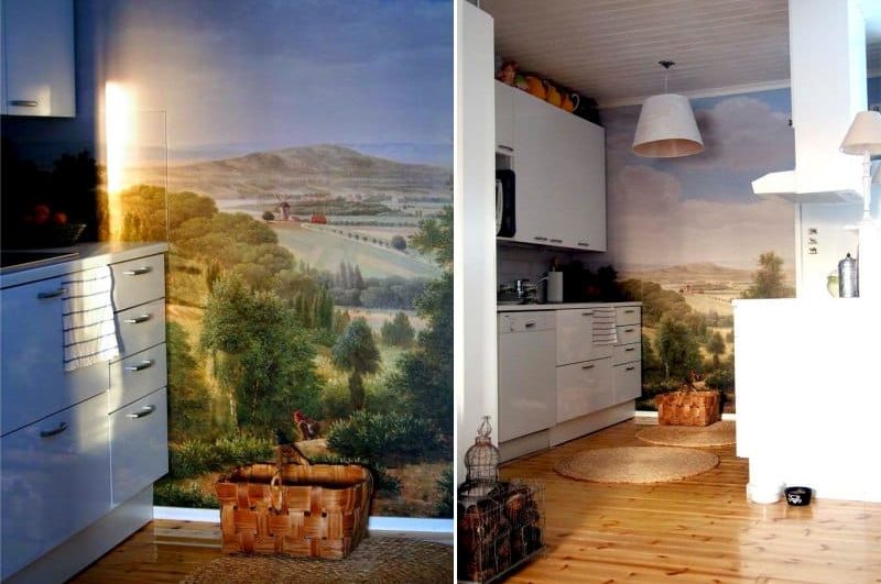 Photowall-paper with a landscape in an interior of kitchen