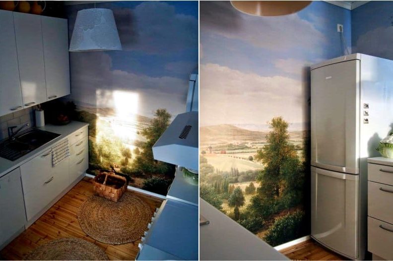 Photowall-paper with a landscape in an interior of kitchen