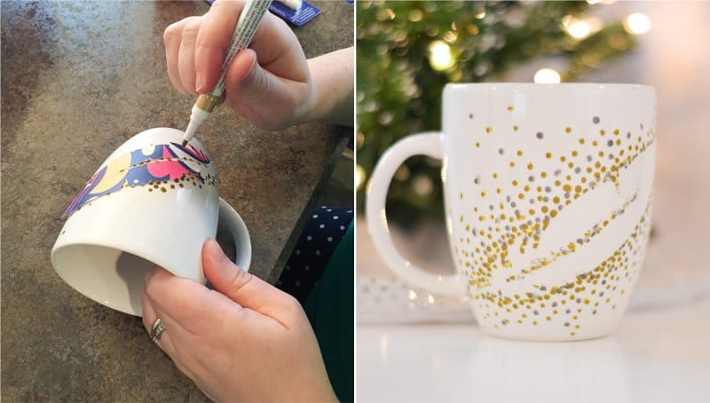 Scribbled mugs using homemade stencil and marker for ceramics