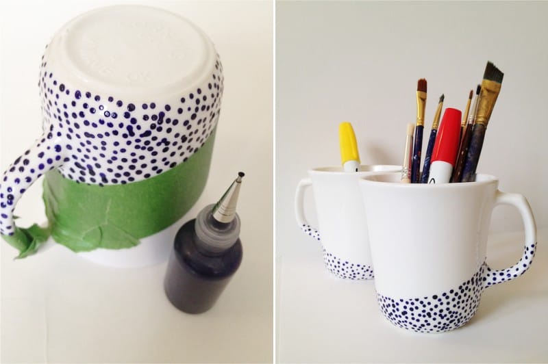 Dot painting mugs with scotch tape