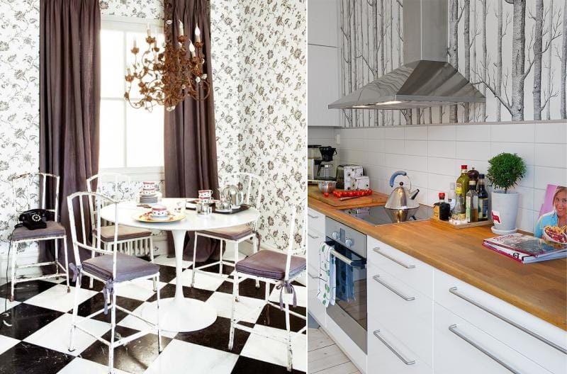 Black and white wallpaper in the interior of the kitchen