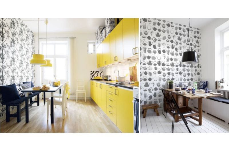 Black and white wallpaper in the interior of the kitchen