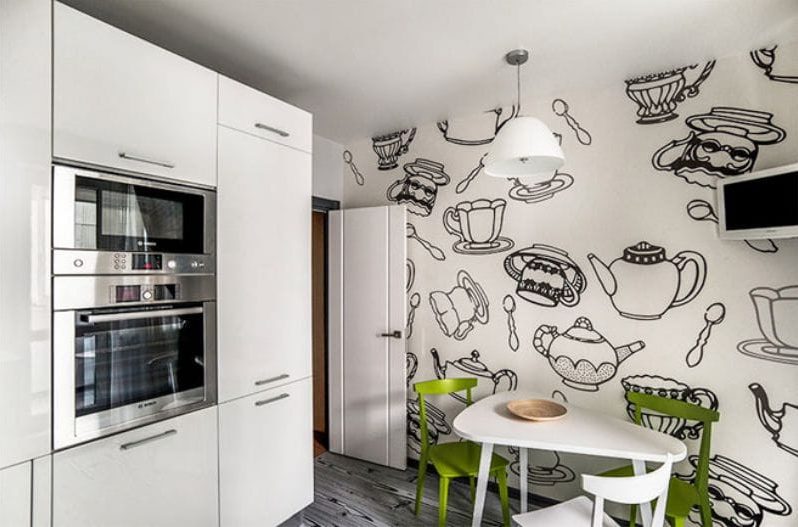 Black and white wallpaper in the interior of the kitchen