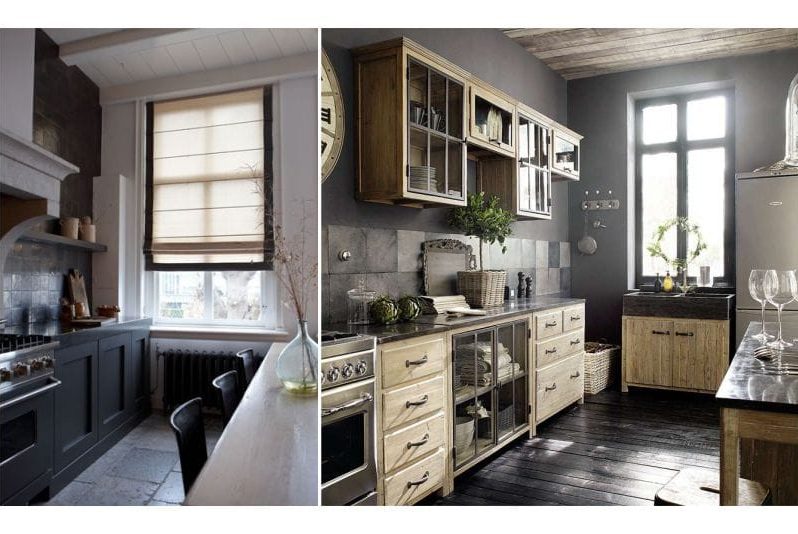 Black color and light wood in the interior of the kitchen