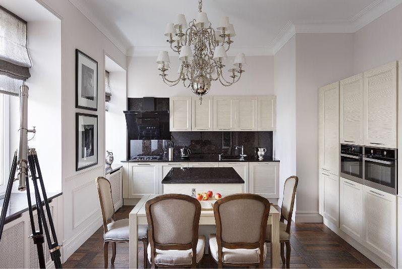 Black and white color in the interior of the kitchen in a classic style.