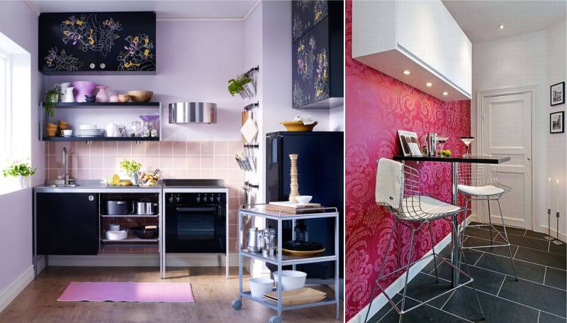 Black and pink color in the interior of the kitchen