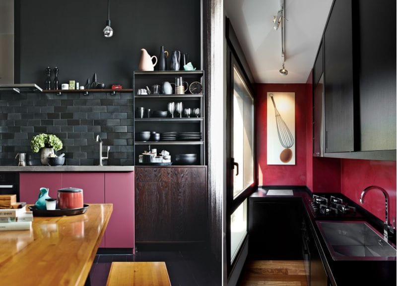 Black and pink color in the interior of the kitchen