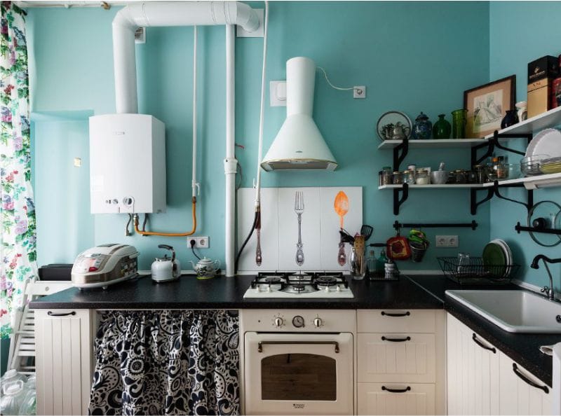 Blue and black color in the interior of the kitchen