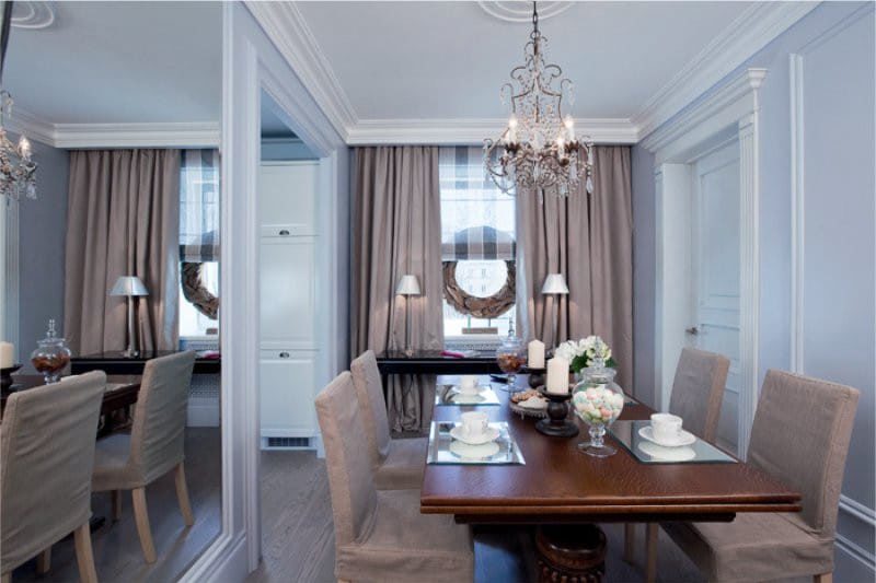 The interior of the kitchen-dining room with gray walls