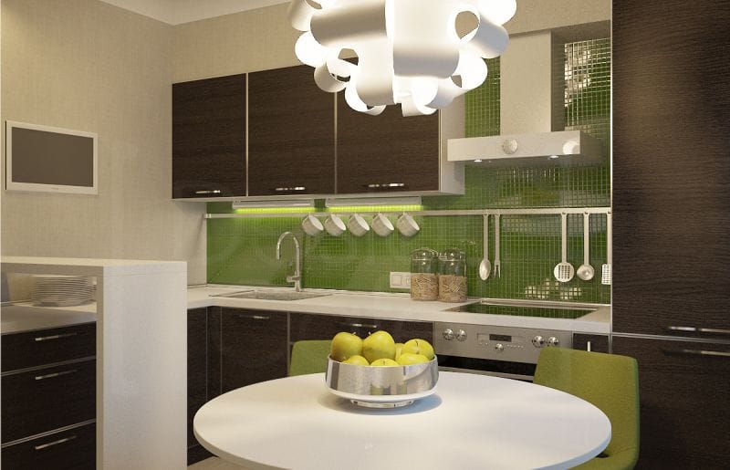 Brown kitchen with green apron and decor