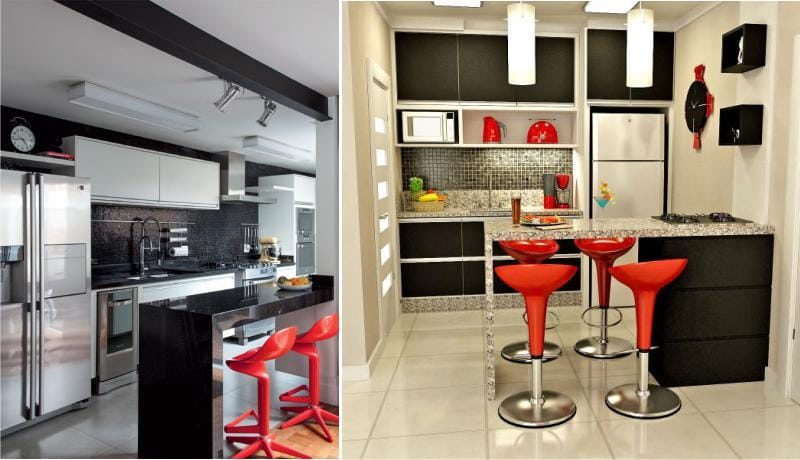 Red and black color in the interior of the kitchen