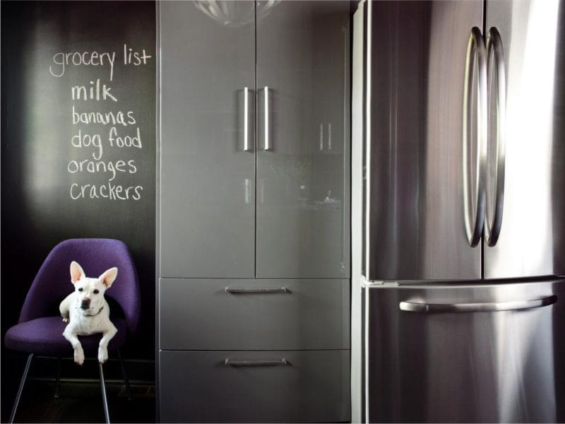 Gray kitchen with purple accents