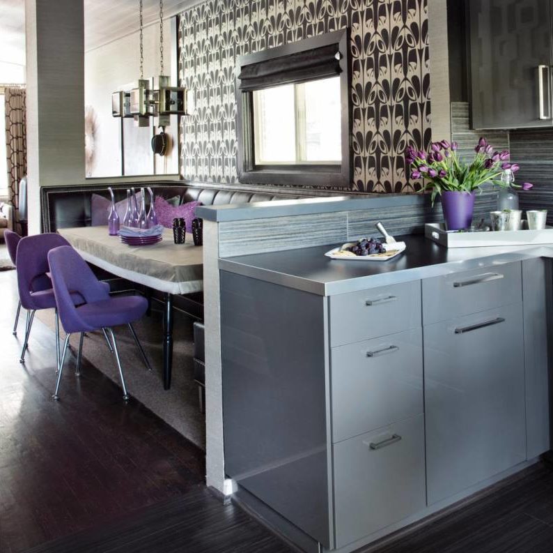 Gray kitchen with purple accents