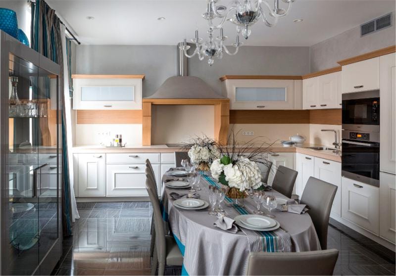 Gray kitchen with blue accents