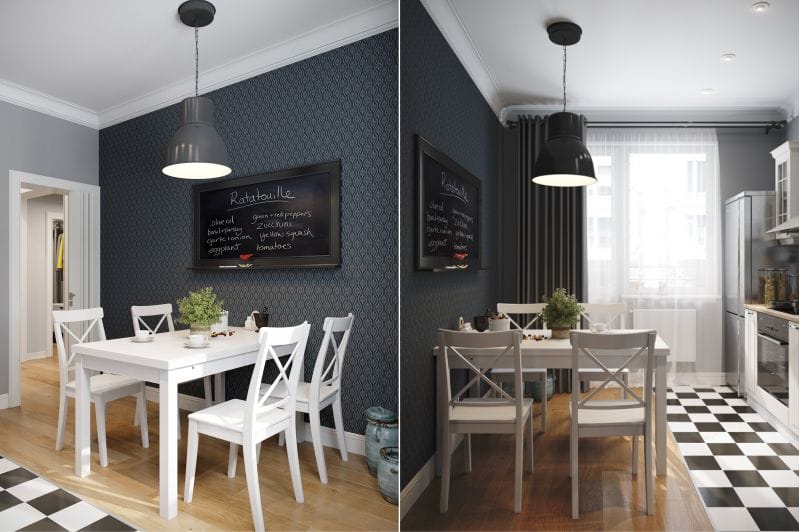 Gray wallpaper in the interior of the kitchen