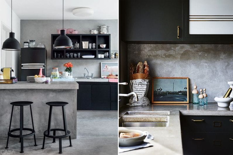 The combination of black and gray in the interior of the kitchen