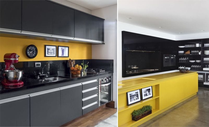 The combination of yellow and black in the interior of the kitchen