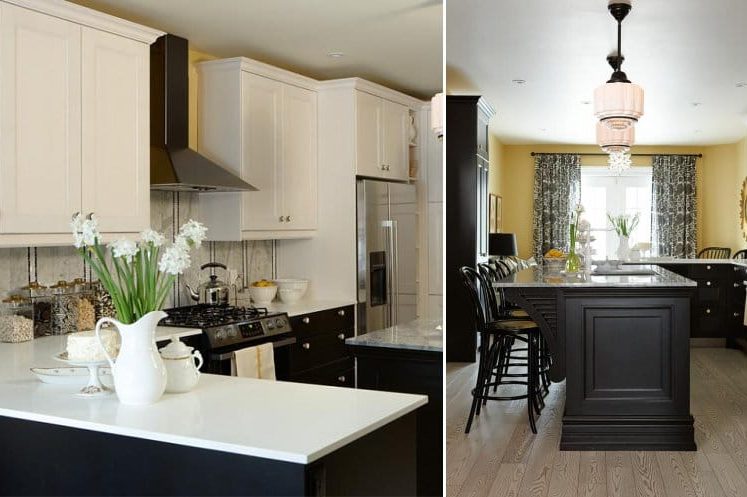 The combination of yellow and black in the interior of the kitchen