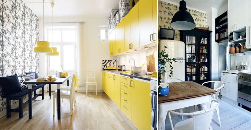 The combination of yellow and black in the interior of the kitchen